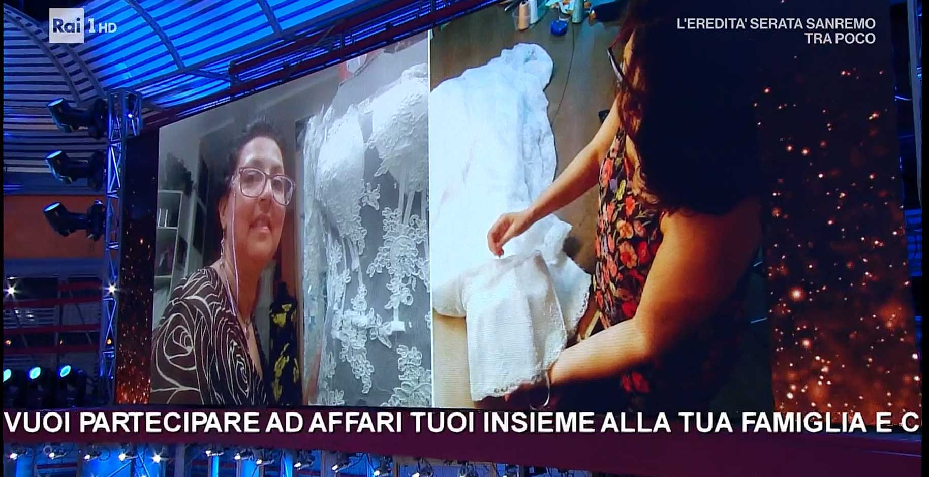 Foto Elins alla trasmissione televisiva di Amadeus I Soliti Ignoti Eleonora presenta moda donna in TV col suo Atelier dove disegna abiti da sposa su misura