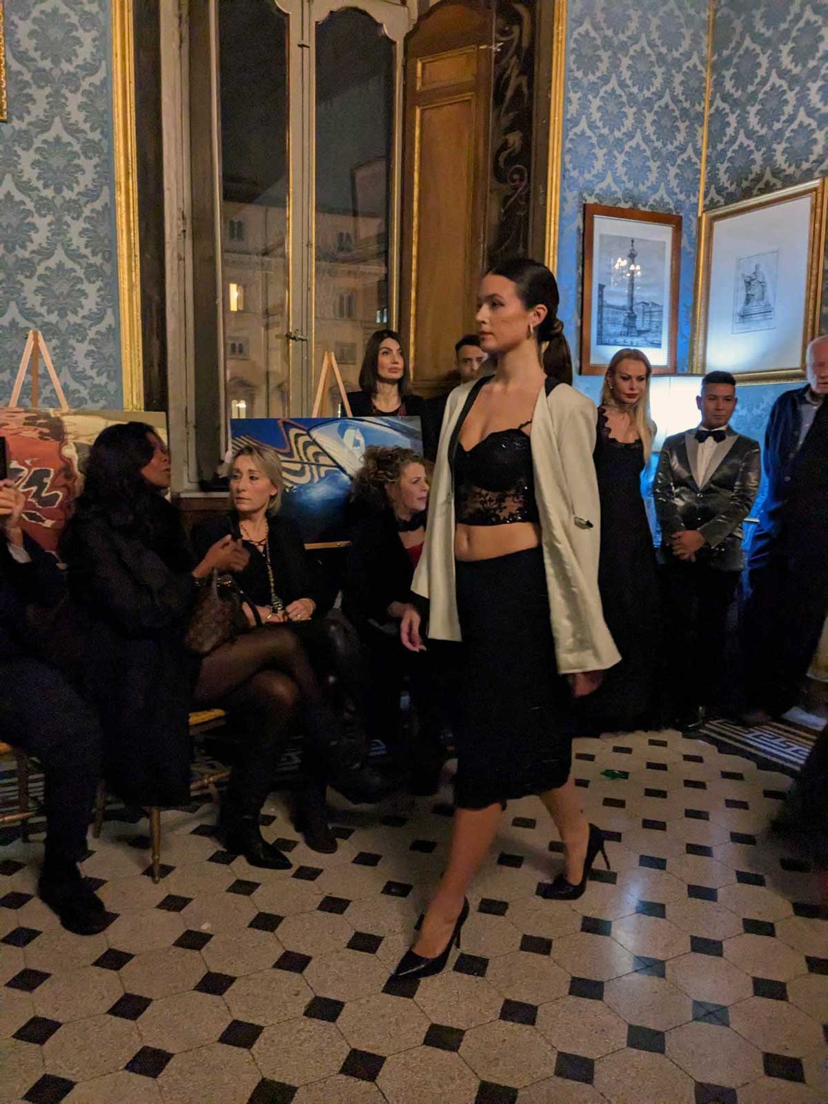 Mod’Art Rome the charm of colors models show in the historic Palazzo Ferrajoli high fashion event with the elegant dresses of Elins moda