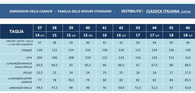 tabella misure camicie classica italiana - sartoria